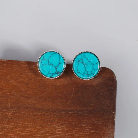 Vintage Silver Round Turquoise Stud Earrings
