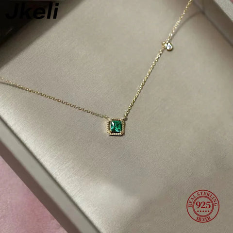 925 Sterling Silver Simple Emerald Crystal Chain Necklace