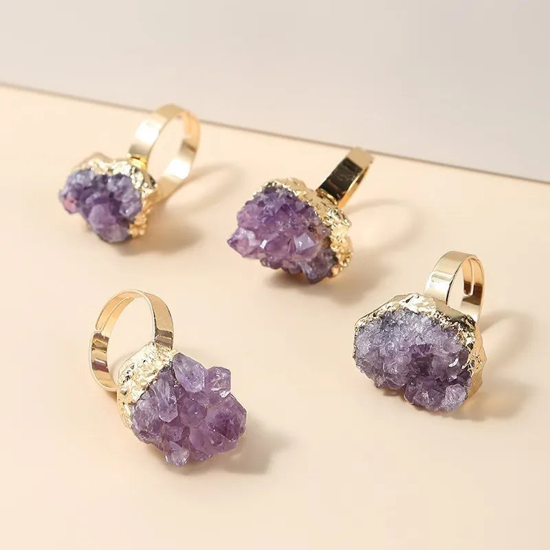 Change Better Irregular Natural Amethyst Cluster Rough Stone Gold Plated Open Rings Women Reiki Healing Personality Jewelry Gift