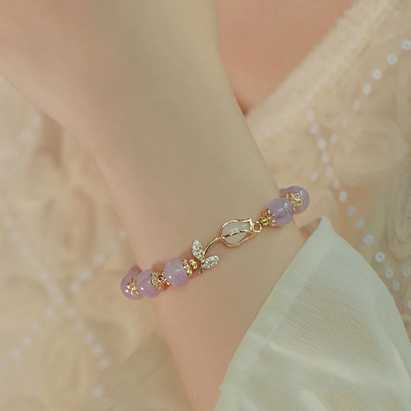 Korean Exquisite Opal Tulip Bracelet For Women Light Luxury Shiny Zircon Elegant Flower Bangle Party Banquet Charm Jewelry Gifts