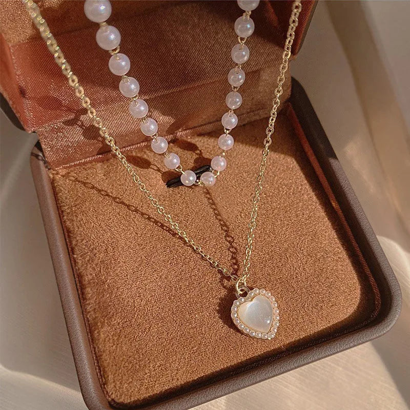 Love Heart Pendant Pearl Chain Necklace
