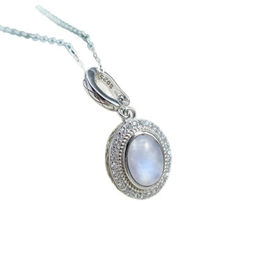 925 Sterling Silver Natural Moonstone Pendants Oval 10*14MM Skeleton Simple Design Necklace With Crystal For Women Men