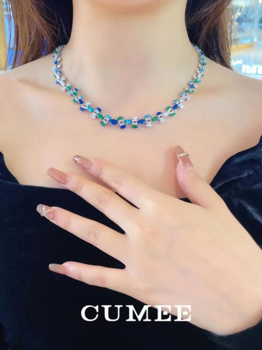 CUMEE New Fashion Original Blue Super Aquamarine Necklace for Women  925 Silver Plated Gold Engagement