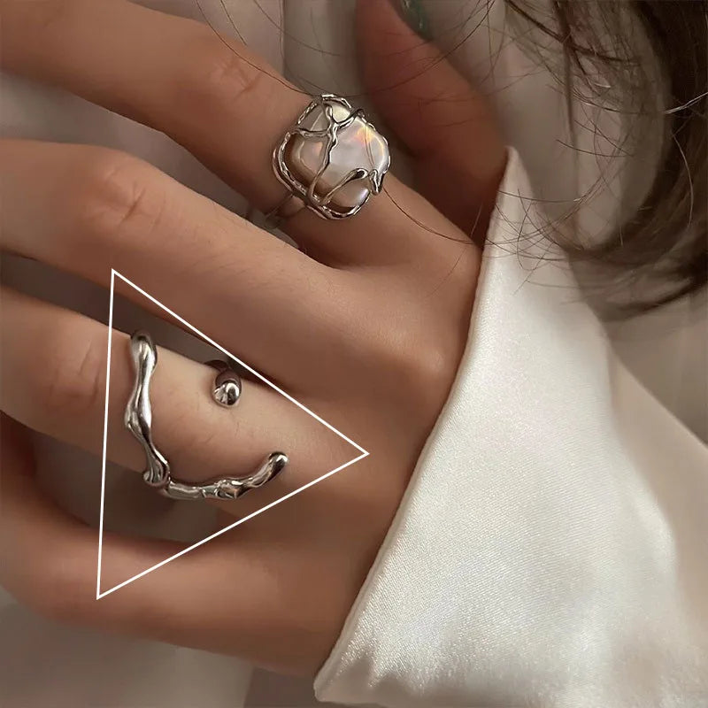 PANJBJ 925 Sterling Silve Moonstone Irregular Ring for Women Party Gift Adjustabler Personality Korean Dropshipping