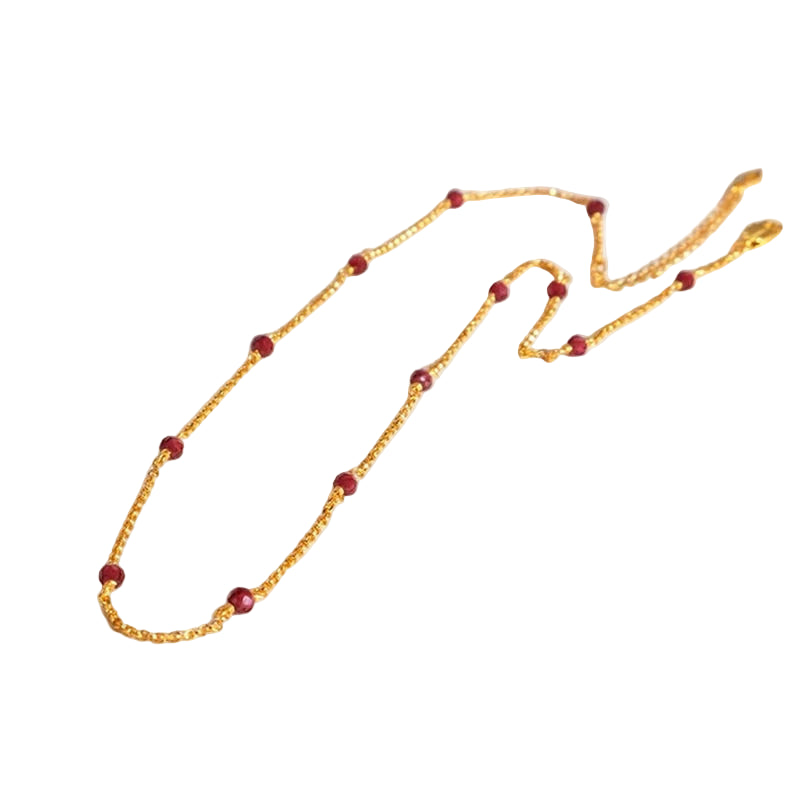Minimalist Beaded Gold Chain Necklace with Garnet Accents