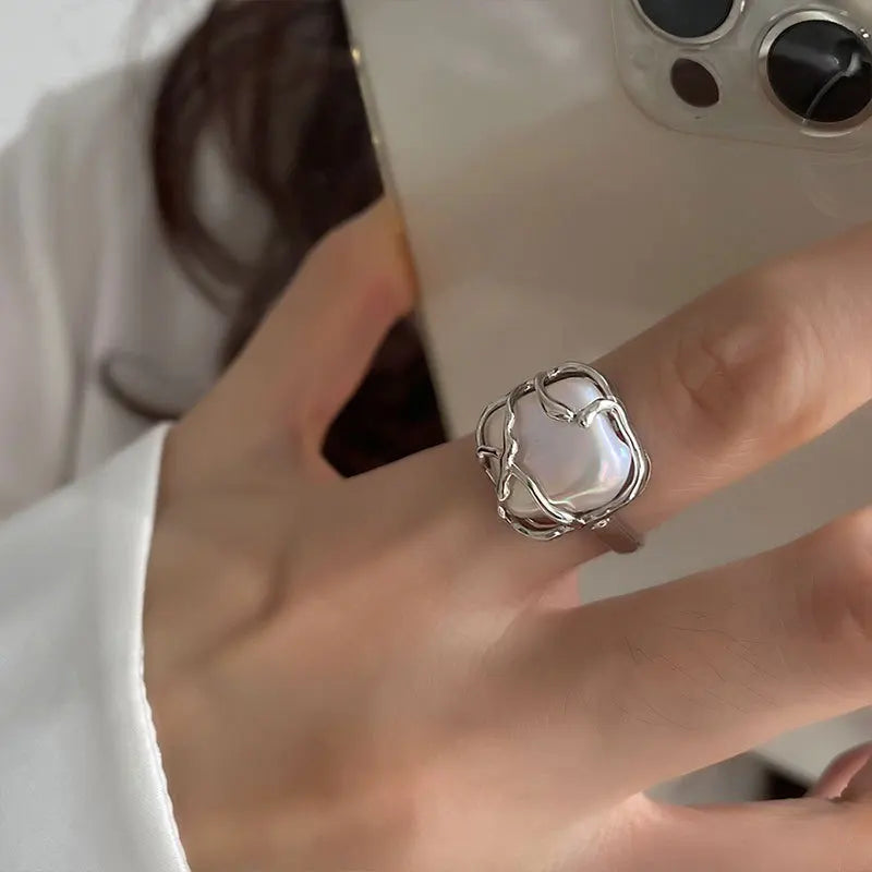 PANJBJ 925 Sterling Silve Moonstone Irregular Ring for Women Party Gift Adjustabler Personality Korean Dropshipping