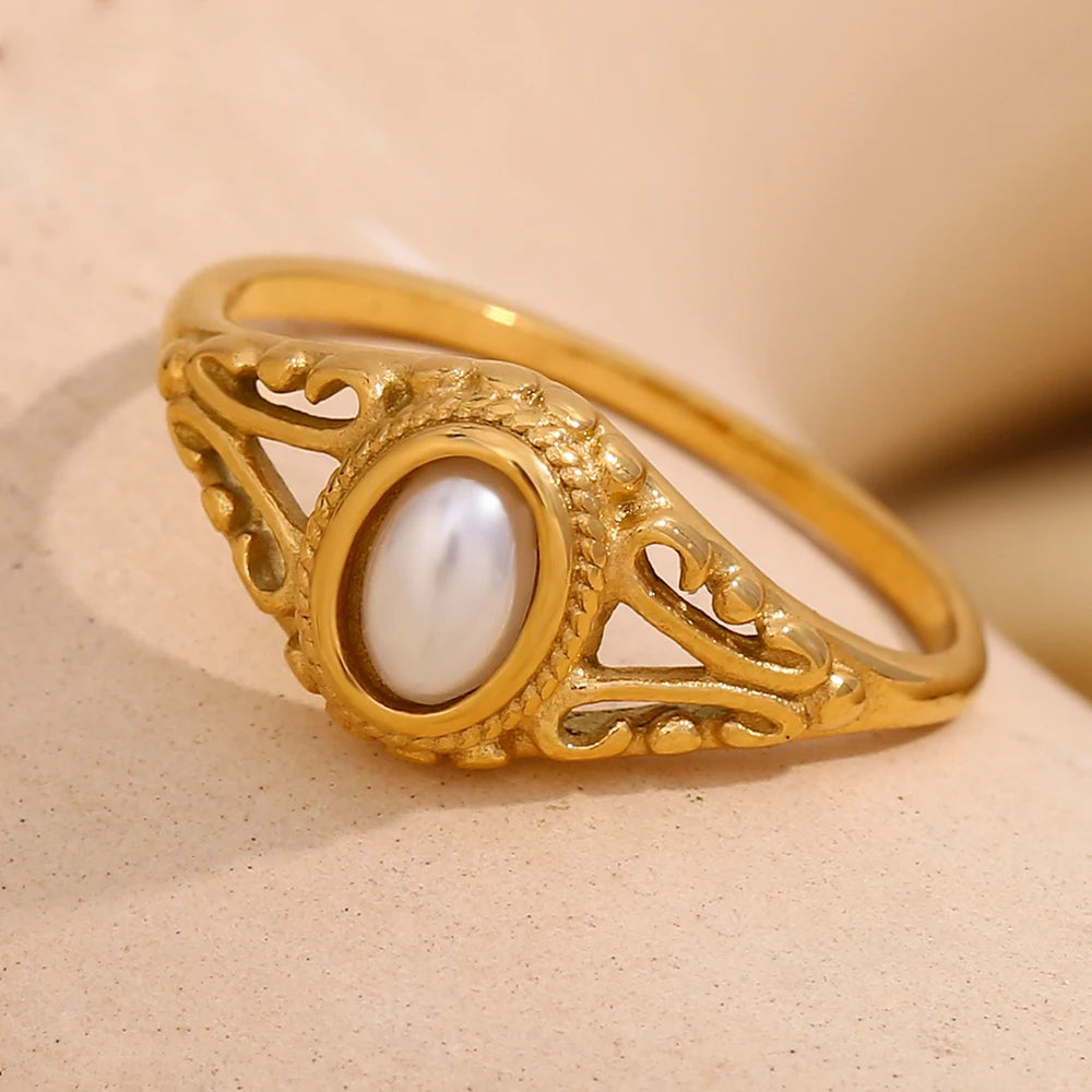 E.B.belle Thin 18K Gold Plated Hollow Texture Natural Freshwater Pearl Rings For Women Stainless Steel Tarnish Free Gold Ring