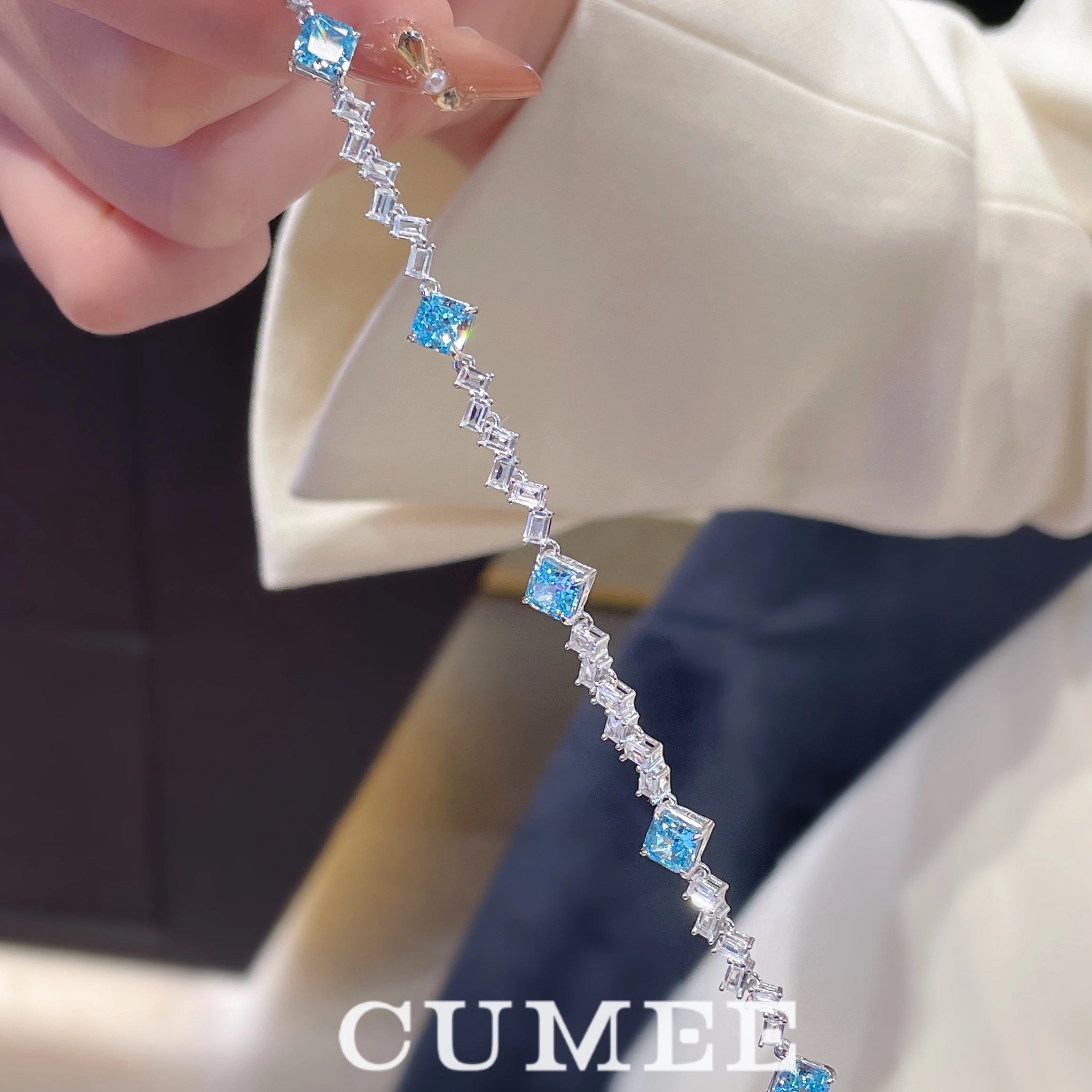 Cumee Cut Dainty Daily Square Princess Cultivate Synthetic Aquamarine Bracelet 925 Sterling Silver Gold Plated