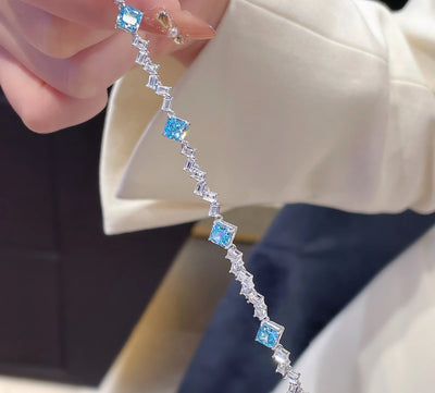 Cumee Cut Dainty Daily Square Princess Cultivate Synthetic Aquamarine Bracelet 925 Sterling Silver Gold Plated