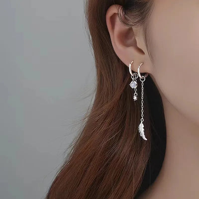 Asymmetric Moonstone Feather Earrings