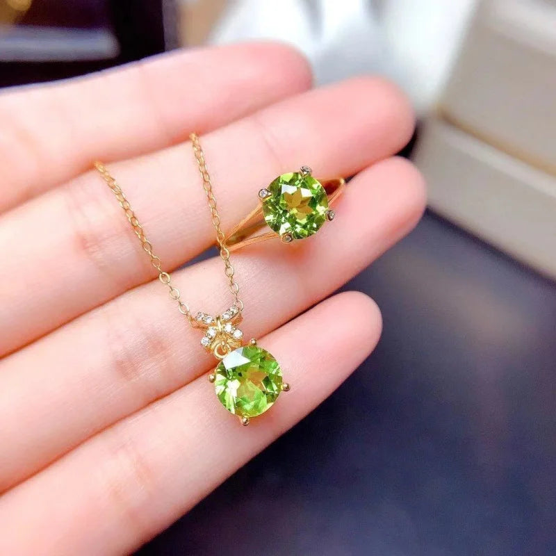 Peridot Set 925 Silver Inlaid With Colored Gemstones Jewelry Ring Earrings Necklace Women'S Accessories