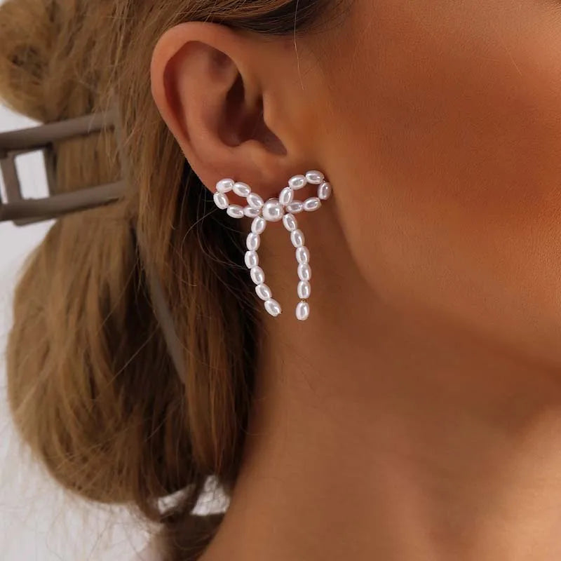 Vintage White Imitation Pearl Bowknot Stud Earrings for Women Elegant Handmade Woven Beaded Statement Earrings  Jewelry 2024