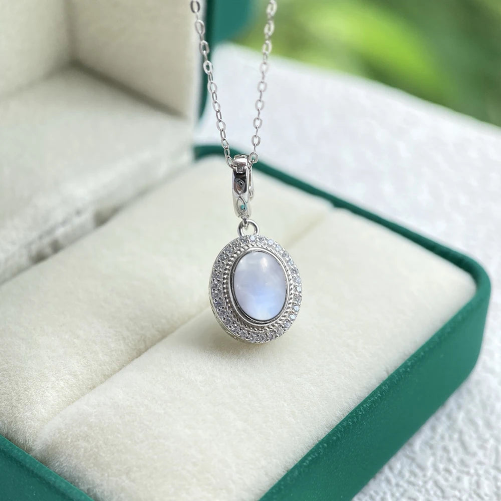 925 Sterling Silver Natural Moonstone Pendants Oval 10*14MM Skeleton Simple Design Necklace With Crystal For Women Men