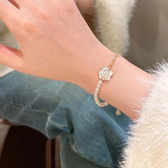 Vintage White Camellia Flower Bracelets For Women Elegant Double Layer Simulated Pearl Beads Chain Bracelet Jewelry 2025 Trend