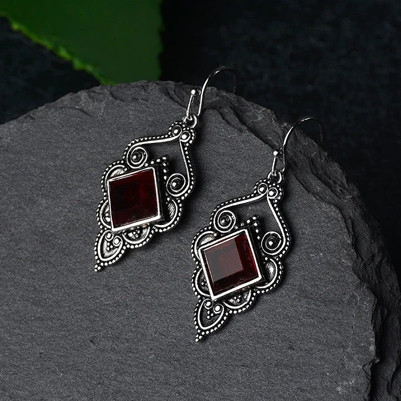 January's Oxidised Silver Garnet Dangle Earrings