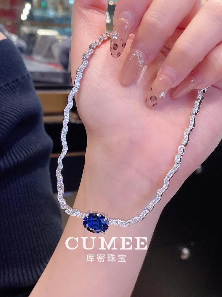 CUMEE Minimalist Luxury Wave Necklace with Royal Blue Cultured Synthetic Sapphire Necklace. 925 Silver Gold-plated