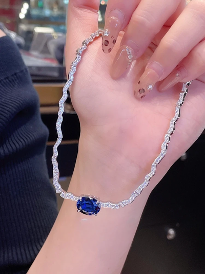 CUMEE Minimalist Luxury Wave Necklace with Royal Blue Cultured Synthetic Sapphire Necklace. 925 Silver Gold-plated