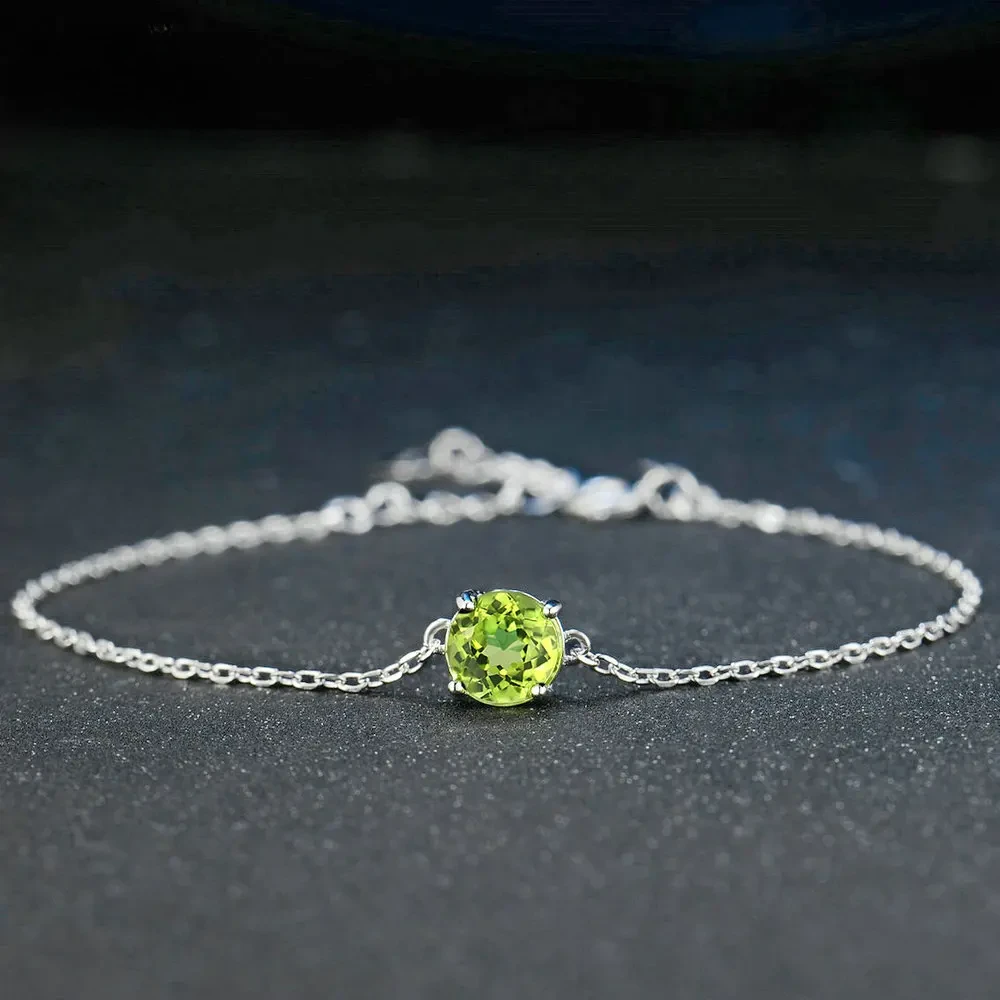 Lamoon 7mm Natural Round Cut Peridot 925 Sterling Silver Jewelry  Chain Charm Bracelet S925 LMHI039