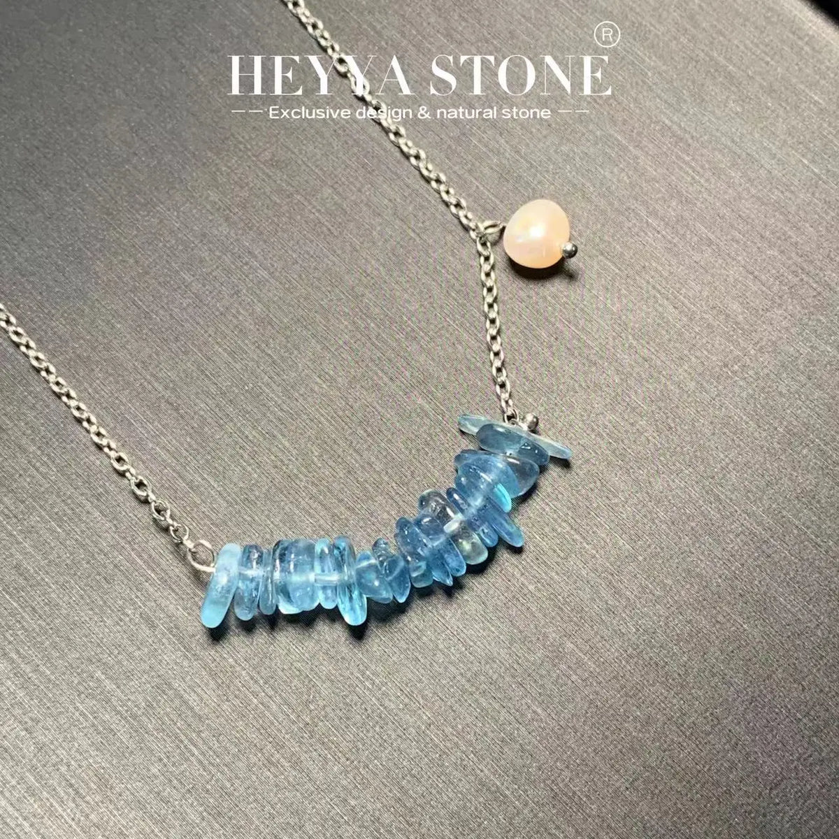 HEYYA STONE Natural Dark Blue Aquamarine Pendant Necklace For Women 925 Silver Plated Simple Fine Jewelry Gemstone Classic Style