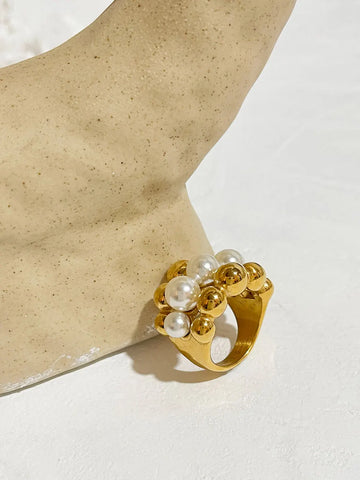 Stainless Steel Chunky Gold Plated Ball Faux Pearl Ring
