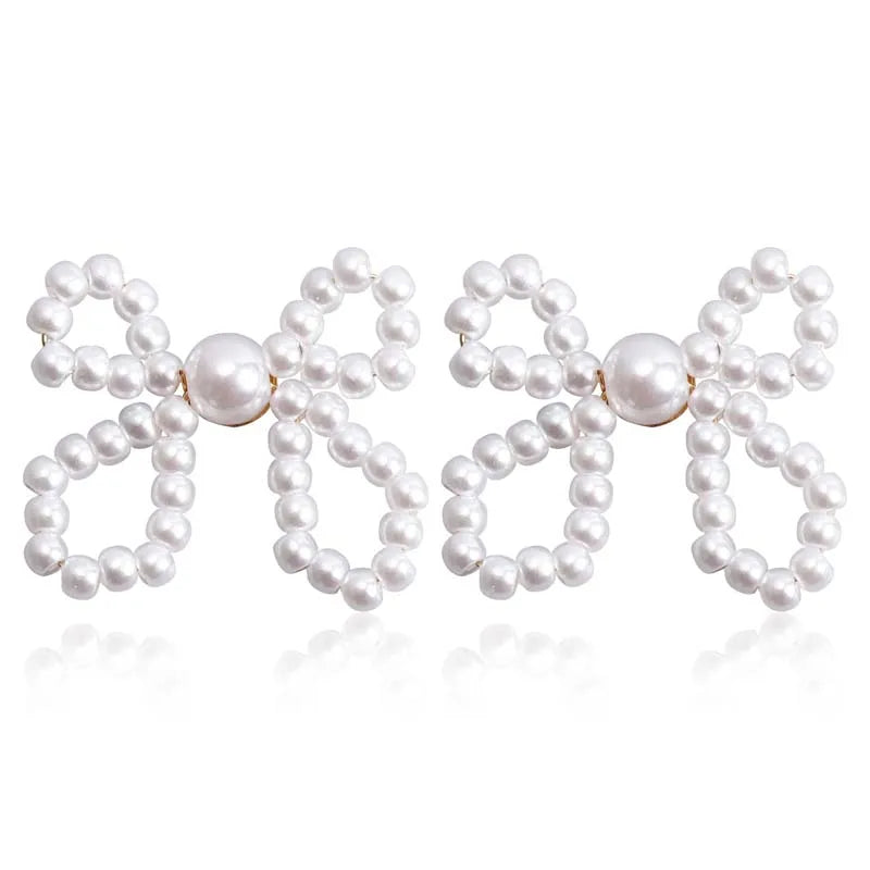 Vintage White Imitation Pearl Bowknot Stud Earrings for Women Elegant Handmade Woven Beaded Statement Earrings  Jewelry 2024