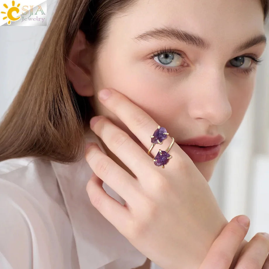CSJA Irregular Crystal Open Ring Healing Natural Amethysts Citrine Double Gems Stone Claw Finger Rings Jewelry Accessories H584