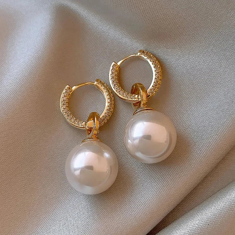 Silver-Plated Pearl Zircon Hoop Earrings