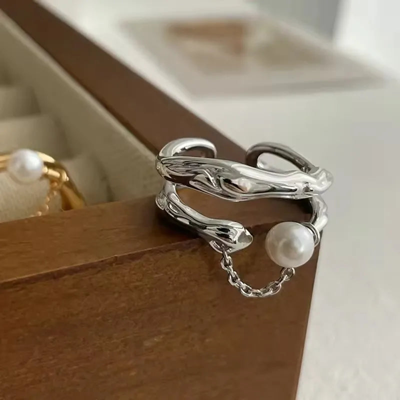 PANJBJ 925 Sterling Silve Moonstone Irregular Ring for Women Party Gift Adjustabler Personality Korean Dropshipping