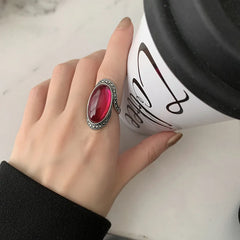 Personality Exaggeration Vintage Red Garnet Stone Thai Silver Ladies Engagement Rings Jewelry For Women Birthday Gifts No Fade