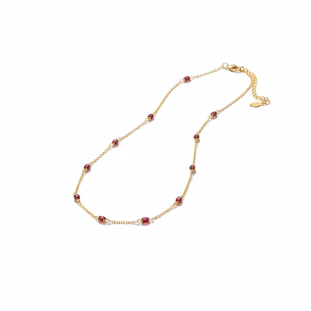 Minimalist Beaded Gold Chain Necklace with Garnet Accents
