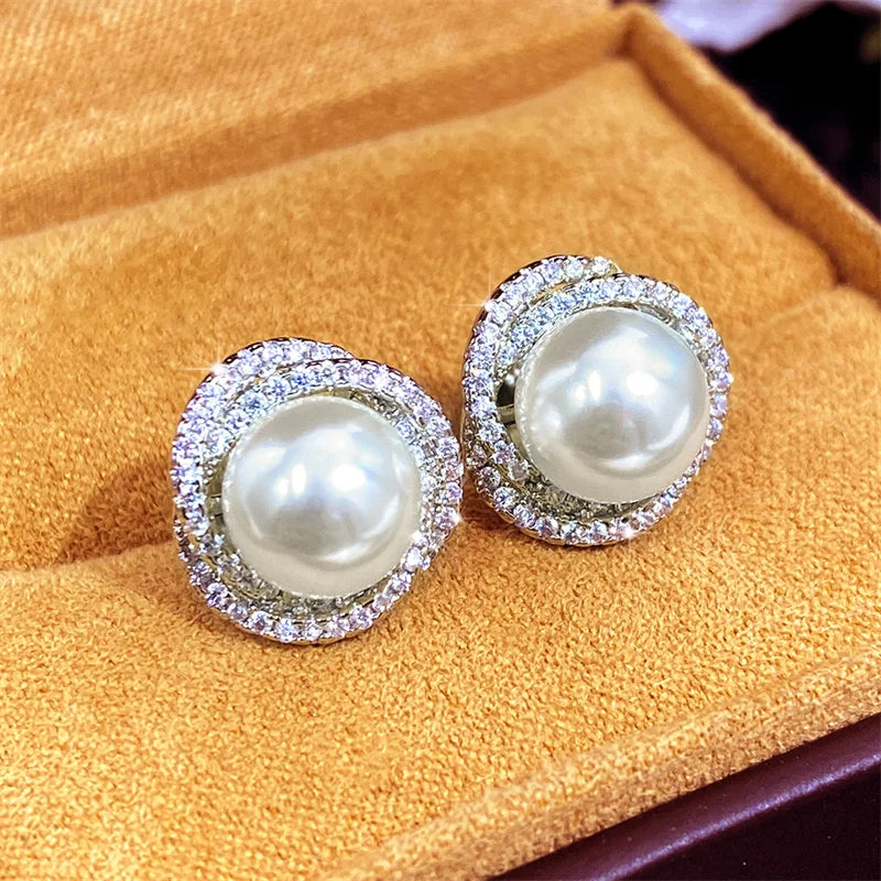 Shiny Imitation Pearl Cross Stud Earrings