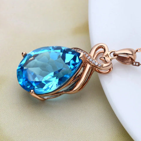 14K Rose Gold 3 Carats Blue Sapphire Pendant Necklace