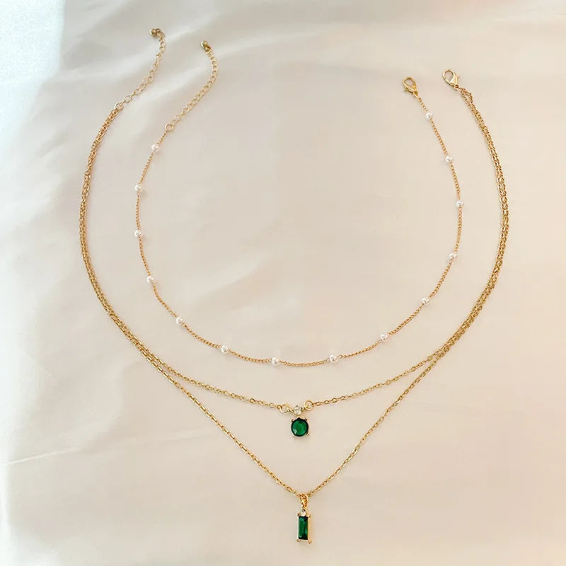Simple Stacked Retro Imitation Emerald Green Pearl Multi-layer Necklace For Women Fashionable Jewelry Accessories Birthday Gifts