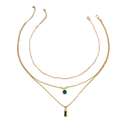 Simple Stacked Retro Imitation Emerald Green Pearl Multi-layer Necklace For Women Fashionable Jewelry Accessories Birthday Gifts