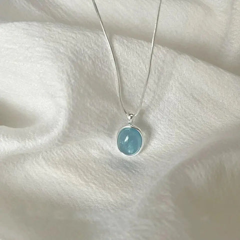 Oval Aquamarine Pendant Necklace with Snake Chain