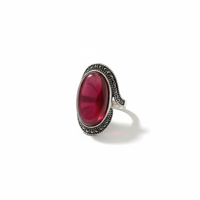 Oval Oxidised Silver Ring of Garnet Birthstone - No Fade